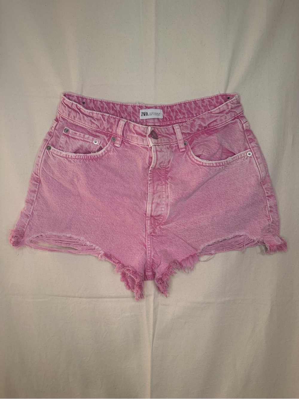 Zara Washed Pink Denim Frayed Hem Shorts